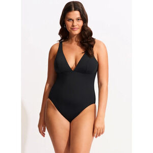 SEAFOLLY COLLECTIVE Women's V Neck One Piece Swimsuit Size 12 Black NWT